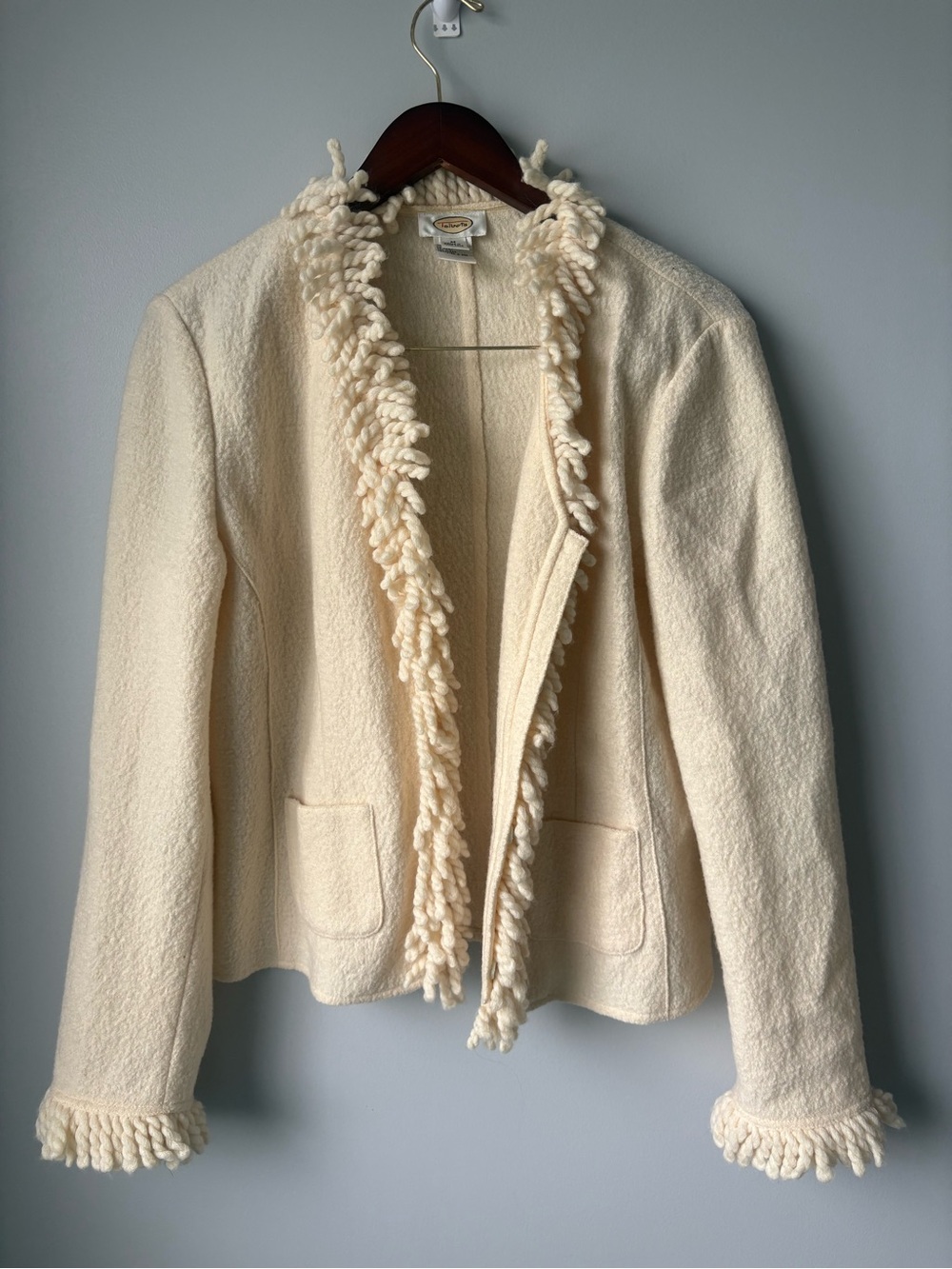 Talbots vintage cream colored wool fringe sweater jacket snap button front sz M